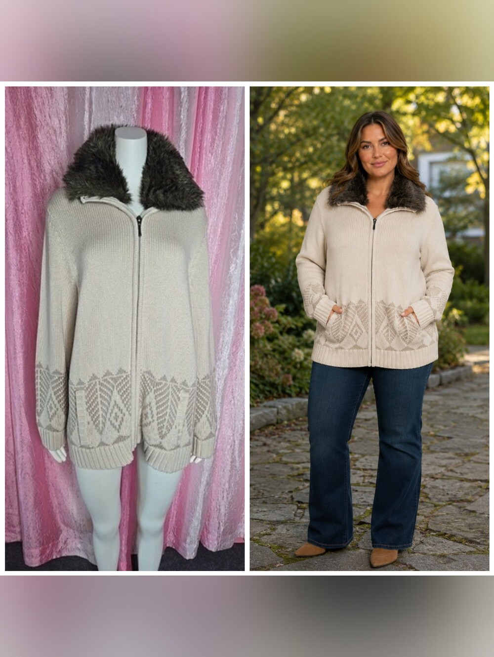 Coldwater Creek Fair Isle Wool Blend Faux Fur Collar Heavyweight Sweater Size 1X